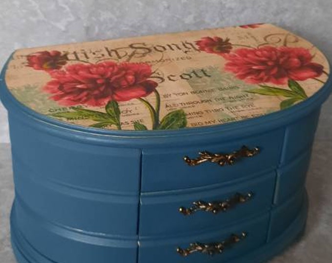 Large Decoupage jewellery box.shabby chic vintage hand decorated decoupage hand painted red vintage flowers.teal jewelry box.present for her