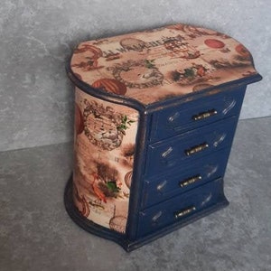 Muzikale sieraden doos, Shabby chique sieraden doos, steampunk sieraden box.jewellery drawers.decoupage, Cadeau voor haar, mini lades.blue goud