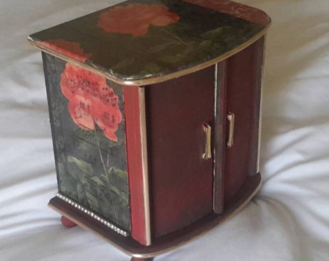 Shabby chic jewellery box musical jewelry box butterflies vintage 1970's upcycled jewelry cabinet.black red roses