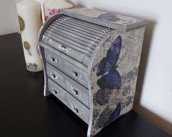 jewellery box.jewelry box bureau roll top.butterly vintage shabby chic.writing Bureau style, jewelry cabinet chest of drawers.