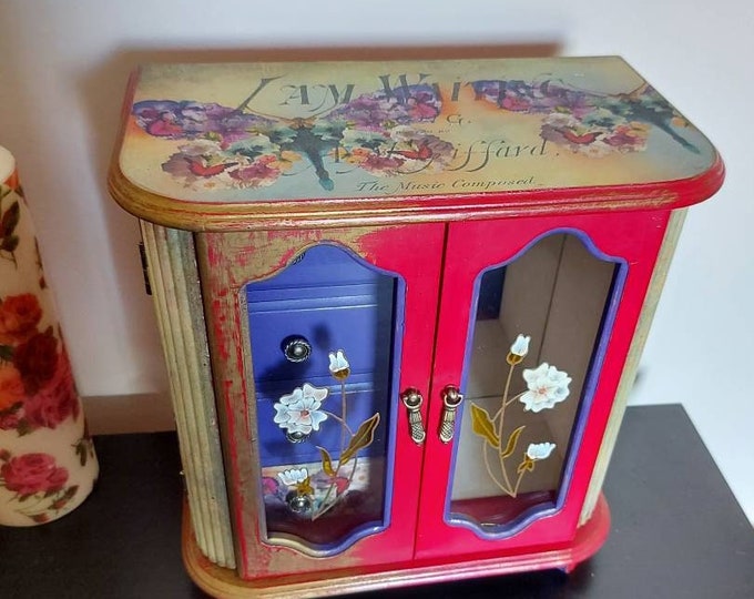 Musical Jewellery cabinet,Butterfly jewellery cabinet,Decoupage jewellery box,large vintage,chest drawers,butterfly box,vintage music paper.