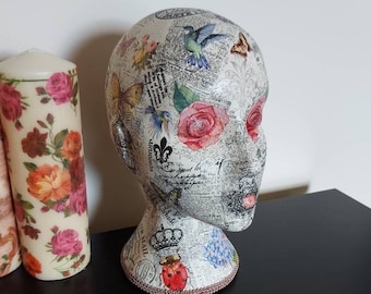 Mannequin head.female mannequin head.decoupage mannequin.Shabby chic hat stand.wig stand.hairband holder.Birds & flowers hat stand