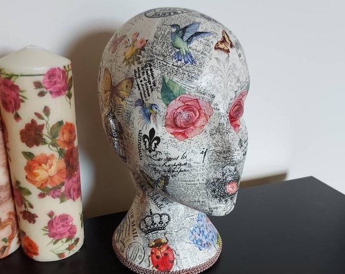 Mannequin head.female mannequin head.decoupage mannequin.Shabby chic hat stand.wig stand.hairband holder.Birds & flowers hat stand