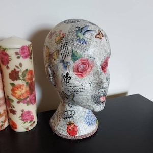 Mannequin head.female mannequin head.decoupage mannequin.Shabby chic hat stand.wig stand.hairband holder.Birds & flowers hat stand