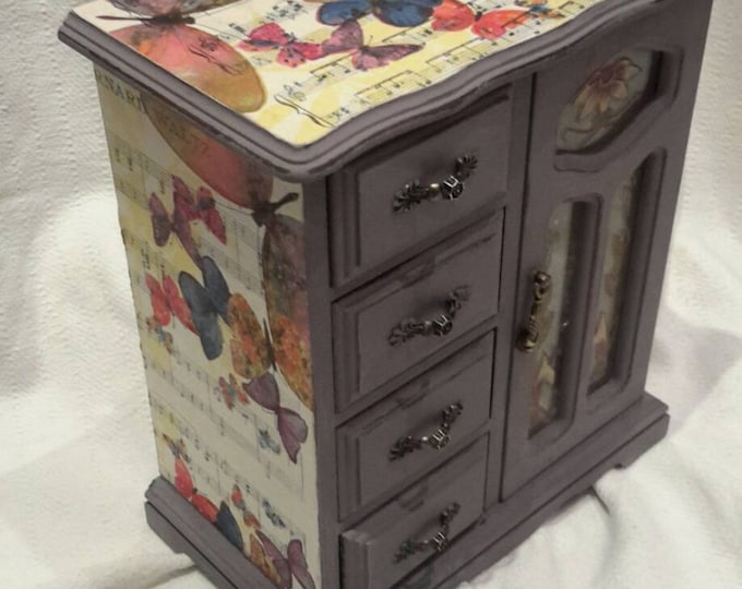 large vintage,chest drawers,butterfly box,paris,vintage music paper,lace Musical Jewelry box,jewellery cabinet,shabby chic jewellery box