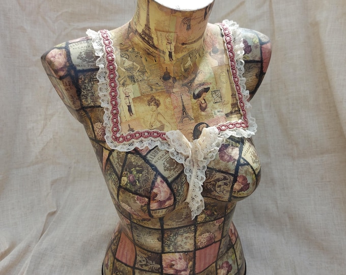 Female Paris,victorian theme display mannequin bust.decoupage mannequin.table top mannequin.mannequin art.female bust.female dress form.