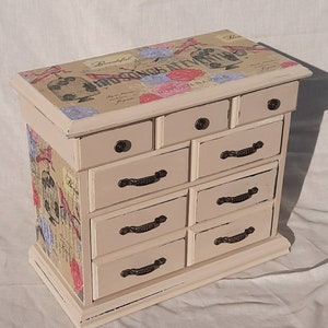 Large vintage jewellery box mini chest drawers,bird cage,french hand decorated with decoupage, music paper shabby chic pink bird,vintage