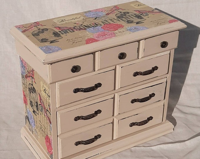 Large vintage jewellery box mini chest drawers,bird cage,french hand decorated with decoupage, music paper shabby chic pink bird,vintage