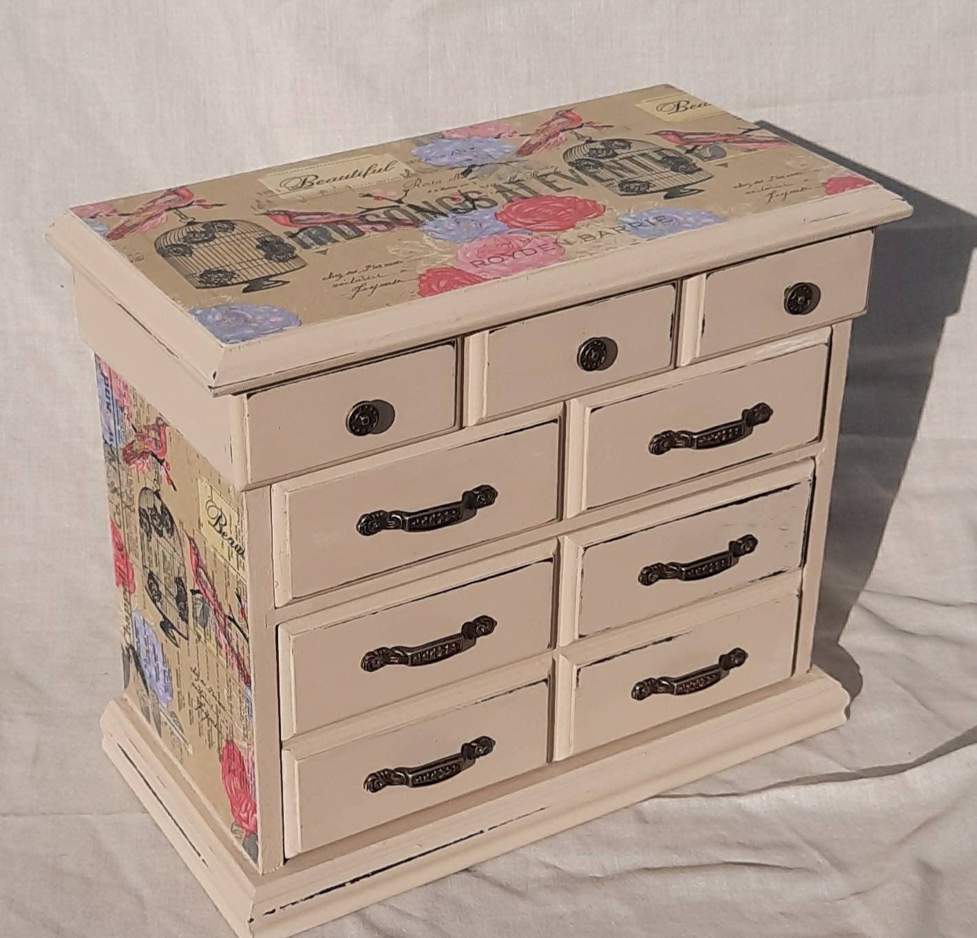 Large vintage jewellery box mini chest drawers,bird cage,french hand  decorated with decoupage, music paper shabby chic pink bird,vintage