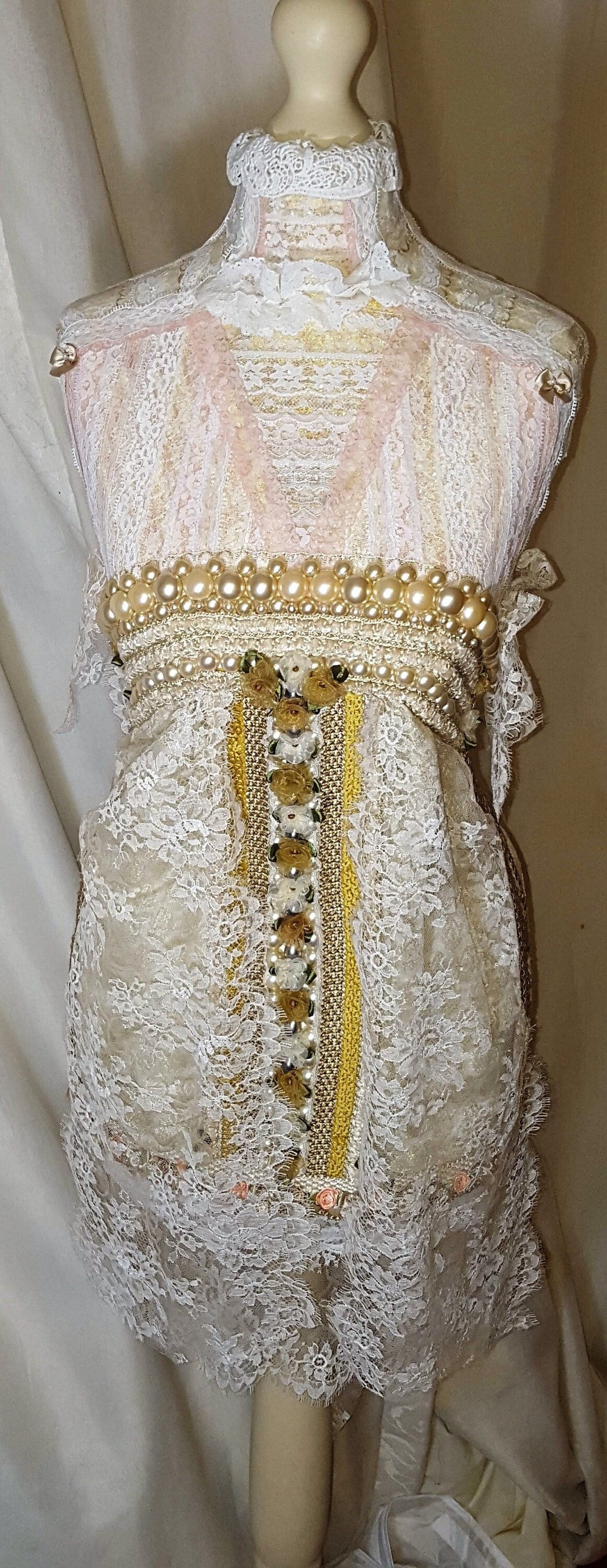 4 Piece Vintage Lace Linen Dress Mannequin Jewelry Display Set