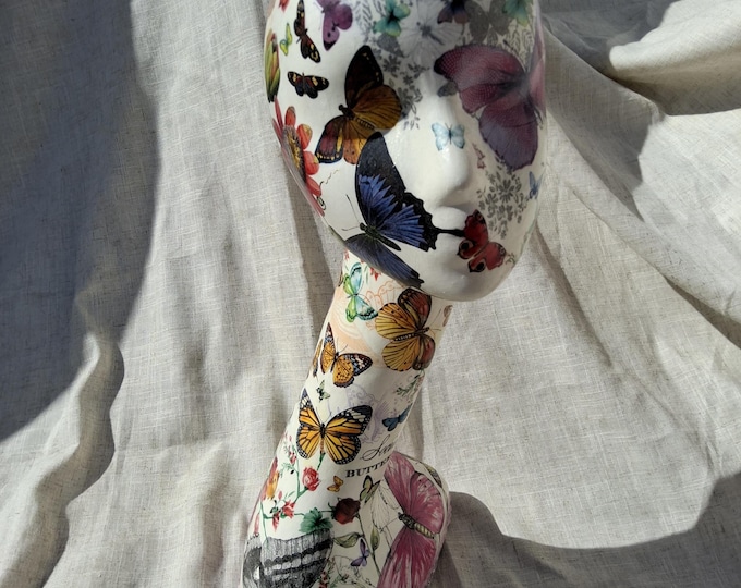 Swan neck Hand decorated mannequin head.female mannequin head.decoupage pink butterfly,mannequin.Shabby chic hat stand.wig stand.