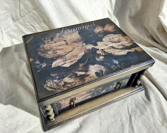Antique Cutlery Box Upcycled,Extra large jewellery chest,Decoupaged Floral Art Deco Keepsake Jewelry Sewing Box,jewellery drawer