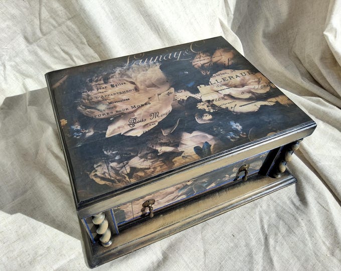 Antique Cutlery Box Upcycled,Extra large jewellery chest,Decoupaged Floral Art Deco Keepsake Jewelry Sewing Box,jewellery drawer