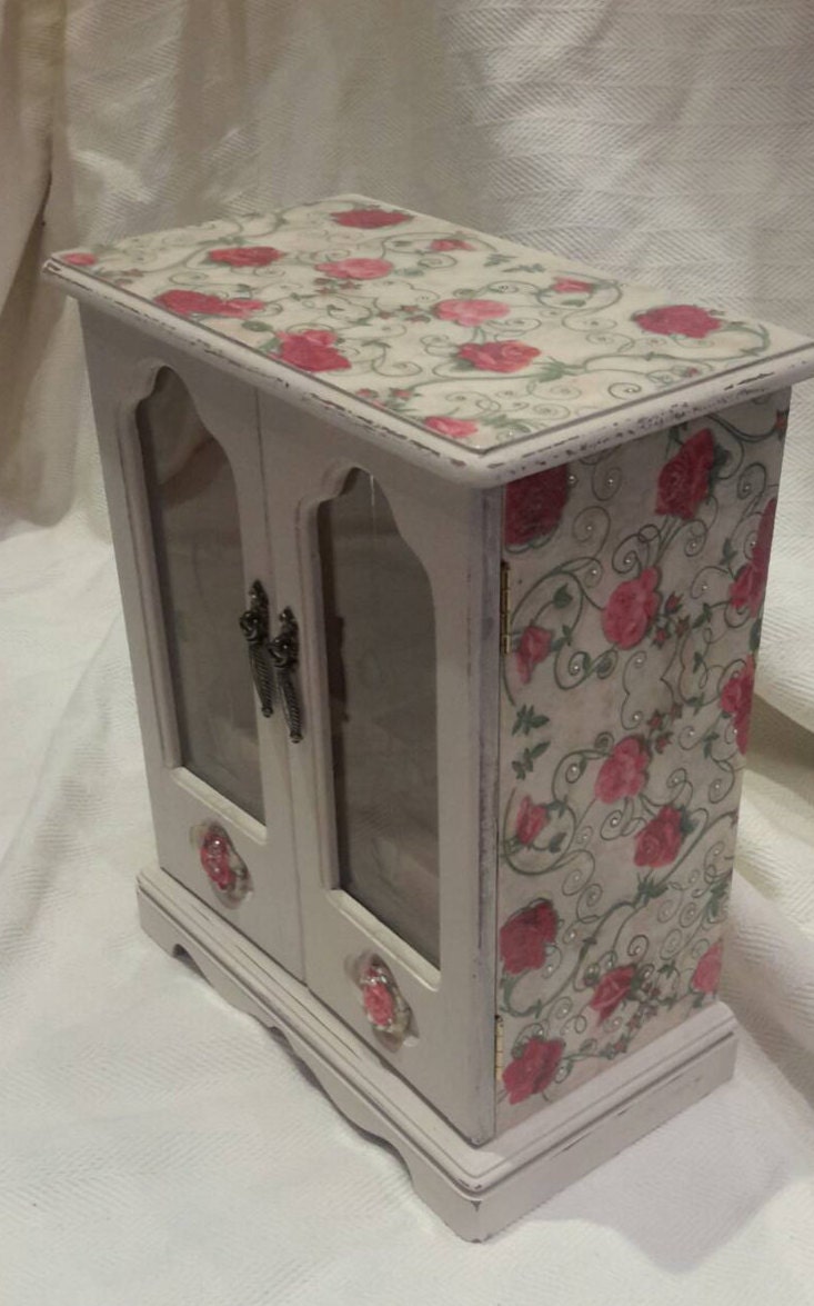 Shabby chic jewellery box rustic large hand decorated decoupage roses ...