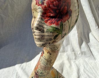 Hand-Decorated Swan Neck Mannequin Head,Decoupage Butterfly Floral Design,Shabby Chic Hat Stand,vintage Paris theme mannequin head wig stand