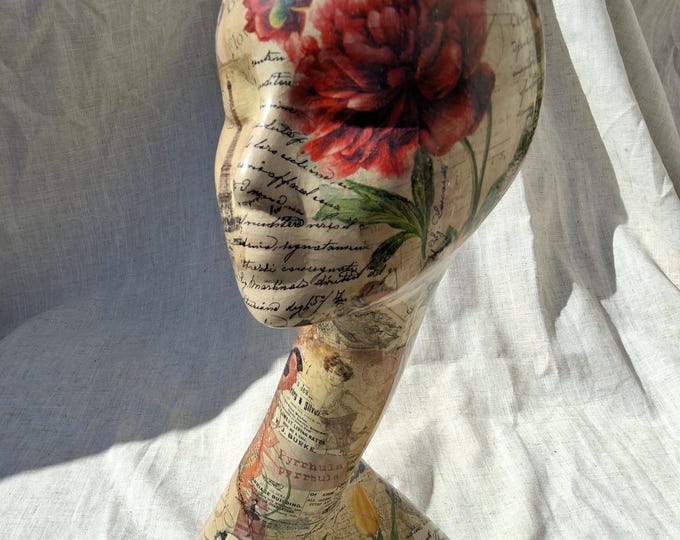 Hand-Decorated Swan Neck Mannequin Head,Decoupage Butterfly Floral Design,Shabby Chic Hat Stand,vintage Paris theme mannequin head wig stand