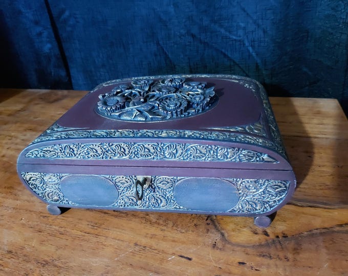 Antique carved jewelry box chest.solid wood.jewelry storage,jewellery box jewelry storage ,chest drawers.armoire purple.gold