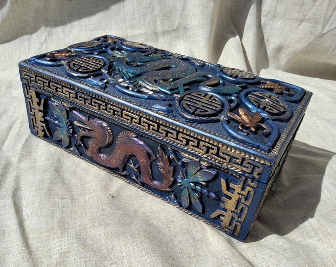 Antique oriental carved box,circa 1870-1890,carved dragon.,antique Chinese trinket box.oriental box.original working lock and key