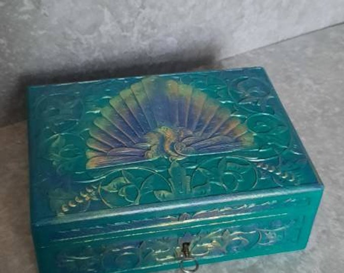 Carved peacock box.shabby chic,jewelry box,peacock vintage jewellery box,trinket box,hand painted, jewellery box.turquoise peacock box.