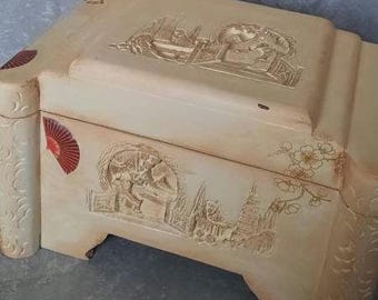 Antique oriental camphor.oriental  jewelry box.antique jewelry box.decoupage box.Chinese box.oriental box.gold.cream.oriental keepsake chest