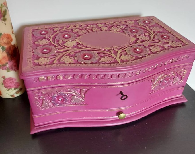 Antique Anglo-Indian carved chest Rosewood Carved Jewellery Box.jewellery storage,swarovski,jewelry box. jewelry,chest drawers.armoire.pink