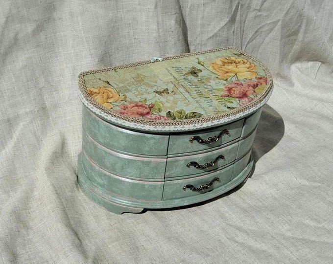jewellery box shabby chic vintage extra large hand decorated decoupage hand painted pink roses,duck egg,yellow rose