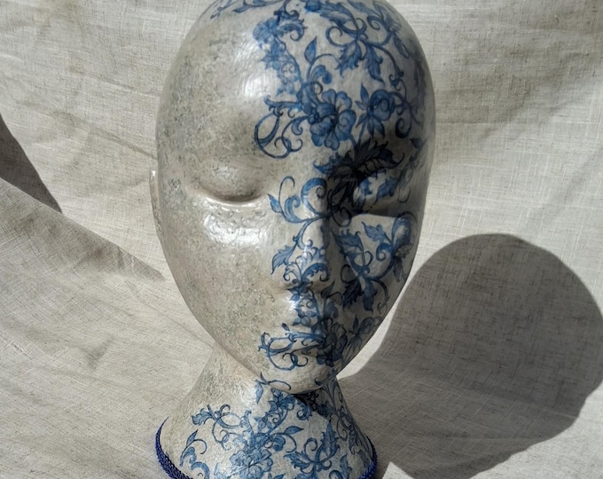 Decoupaged Female Mannequin Head,Print Shabby Chic Hat Stand Wig Holder