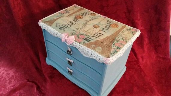 large vintage,chest drawers,butterfly box,paris,vintage music paper,lace Musical Jewelry box,jewellery cabinet,shabby chic jewellery box