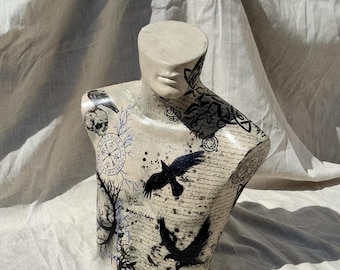 Book boyfriend Mannequin Bust: Hand-Painted Male Form,Raven,Script Design,book boyfriend.male mannequin,male torso.Romantasy mannequin