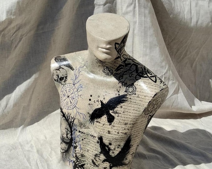 Book boyfriend Mannequin Bust: Hand-Painted Male Form,Raven,Script Design,book boyfriend.male mannequin,male torso.Romantasy mannequin