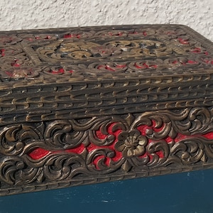 Large carved antique jewellery box.Hand carved rustic jewellery chest.Solid wood carved jewellery storage.Black red silk jewelry chest.