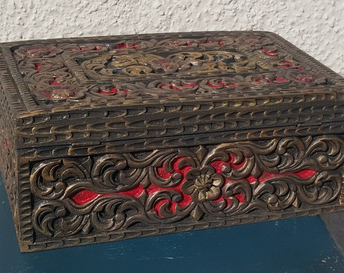 Large carved antique jewellery box.Hand carved rustic jewellery chest.Solid wood carved jewellery storage.Black red silk jewelry chest.
