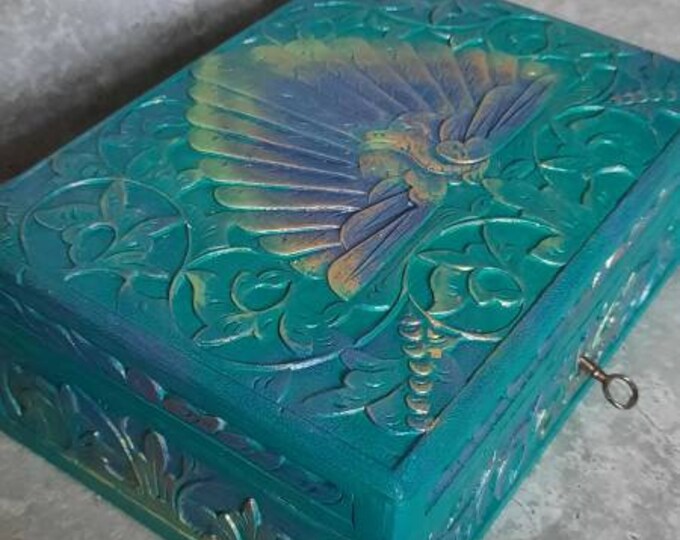 Carved peacock box.shabby chic,jewelry box,peacock vintage jewellery box,trinket box,hand painted, jewellery box.turquoise peacock box.