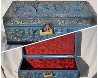 oriental camphor chest.large Antique jewellery box teal.cir1880.wooden carved box.antique chest.large asian box.large stash box.carved chest