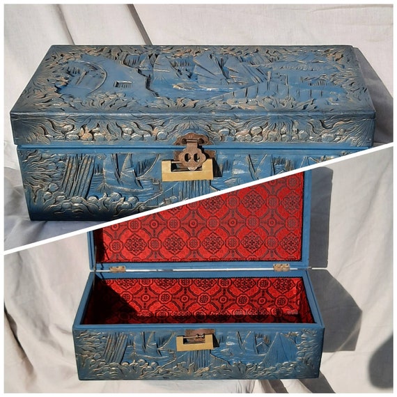 oriental camphor chest.large Antique jewellery box teal.cir1880.wooden carved box.antique chest.large asian box.large stash box.carved chest