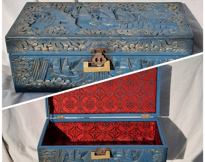 oriental camphor chest.large Antique jewellery box teal.cir1880.wooden carved box.antique chest.large asian box.large stash box.carved chest