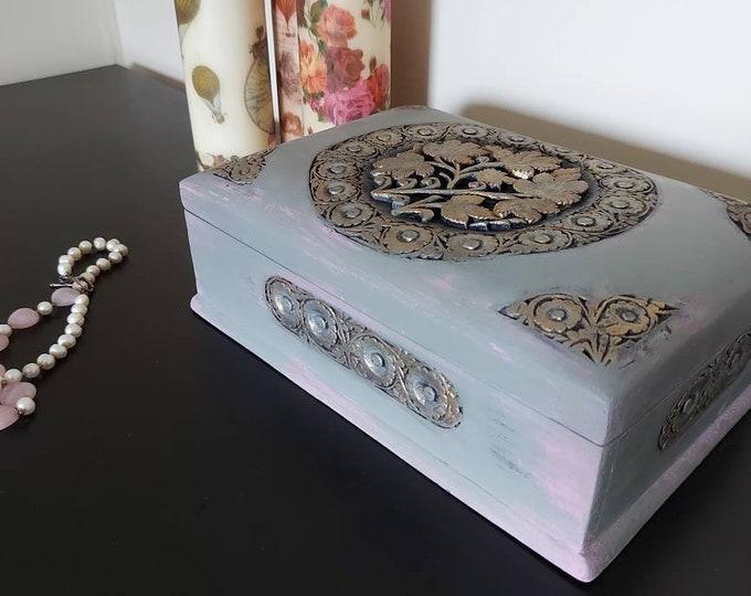 Hand carved chest.Anglo indian jewellery box.shabby chic,jewelry box,casket,Vintage jewellery box, trinket box,pink,sage,gold jewellery box.