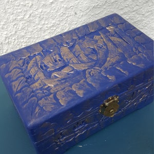 Antique chinese camphor circa 1900,keepsake chest.antique jewelry chest,carved box,oriental box.antique jewelry box.blue.man box