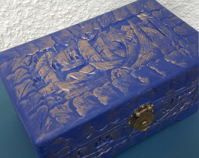 Antique chinese camphor circa 1900,keepsake chest.antique jewelry chest,carved box,oriental box.antique jewelry box.blue.man box