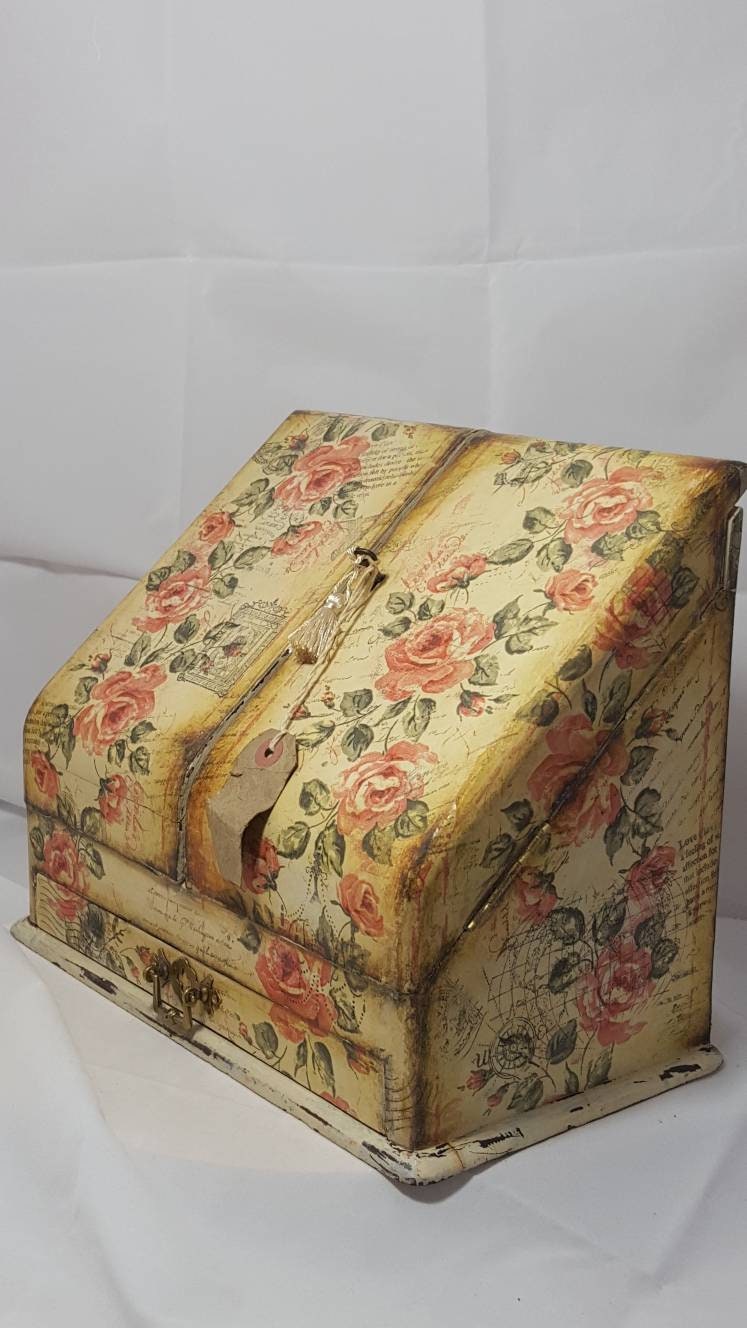 Antique Desk Tidy Rustic Stationery Holder,document Box,letter Antique desk tidy rustic stationery holder,document box,letter storage,letter holder,writing box hand decorated decoupage.shabby chic paris - Antique Desk Tidy Rustic Stationery Holder,document Box,letter