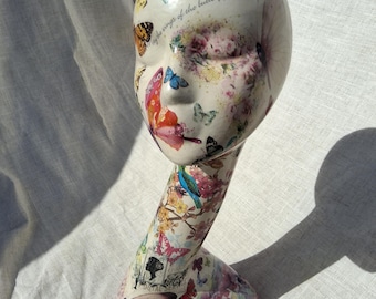 Swan neck Hand decorated mannequin head.female mannequin head.decoupage butterfly,mannequin.Shabby chic hat stand.wig stand.hairband holder.