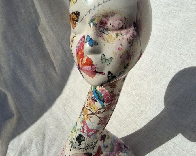 Swan neck Hand decorated mannequin head.female mannequin head.decoupage butterfly,mannequin.Shabby chic hat stand.wig stand.hairband holder.