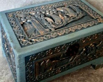 Oriental camphor chest.large Antique oriental jewellery box teal.cir1900.antique chest.large asian box.large stash box.oriental carved chest