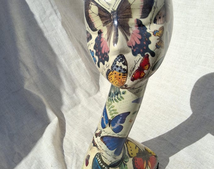 Swan neck Hand decorated mannequin head. mannequin head.decoupage butterfly,floral design,Shabby chic hat stand.wig stand.hairband holder.