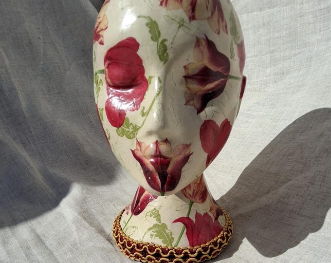 Decoupaged Tulip Mannequin Head, Shabby Chic Hat Stand, Distressed Finish