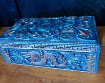 Antique oriental carved box,circa 1870-1890,carved dragon.,antique Chinese trinket box.oriental box.original working lock and key