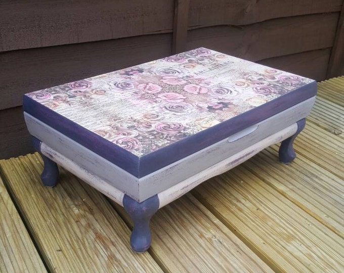 Large keepsake box,antique cutlery box upcycled.1900.jewelry box.trinket box.large pink rose box.large canteen box.decoupage box.sewing box