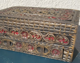 Large carved antique jewellery box.Hand carved rustic jewellery chest.Solid wood carved jewellery storage.Black red silk jewelry chest.