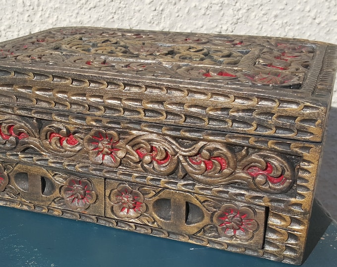 Large carved antique jewellery box.Hand carved rustic jewellery chest.Solid wood carved jewellery storage.Black red silk jewelry chest.