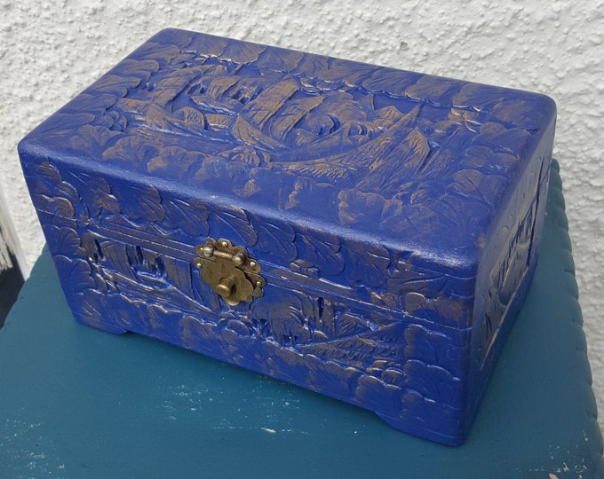 Antique chinese camphor circa 1900,keepsake chest.antique jewelry chest,carved box,oriental box.antique jewelry box.blue.man box